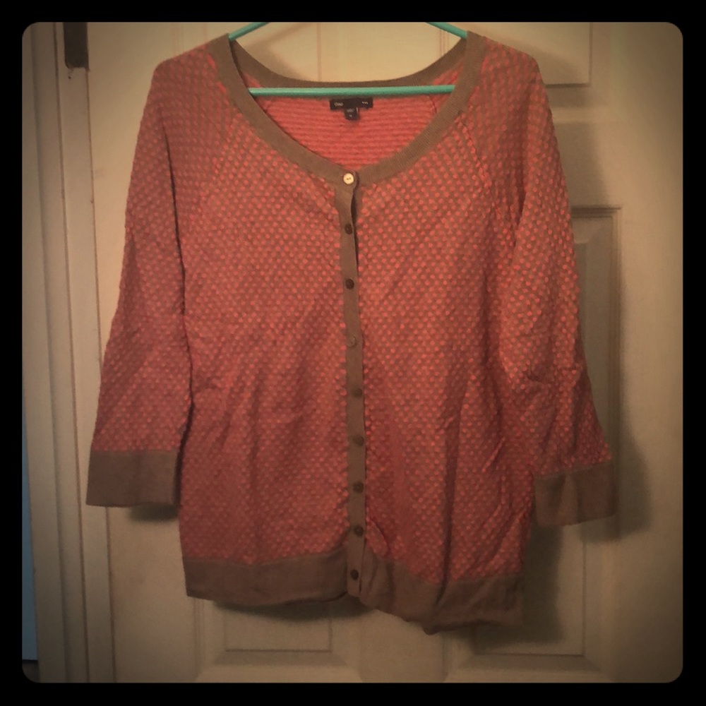 Gray with pink polka dots GAP cardigan.